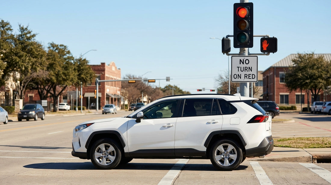 A car hire stopped at a red light on a city street in Texas with a pedestrian crossing signal