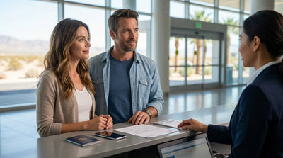 A traveler receives keys from an agent at a Las Vegas car hire desk in the airport terminal