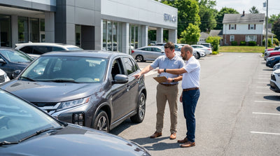 A car rental driving down a scenic highway with the rolling green hills of Pennsylvania in the background