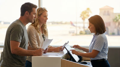 A car hire sedan driving down a scenic two-lane highway in the vast Texas desert at sunset