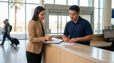 A red convertible car rental parked on a street with the Las Vegas Strip in the background