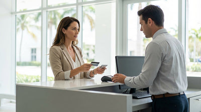 A person at a car hire counter in Miami holds a credit card to pay for their vehicle