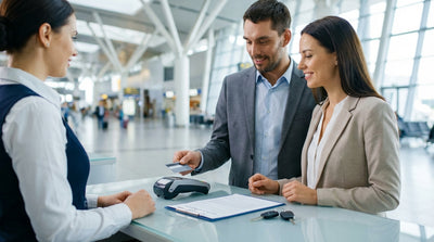 A person holding a credit card out of a car rental window on a scenic desert road in Texas