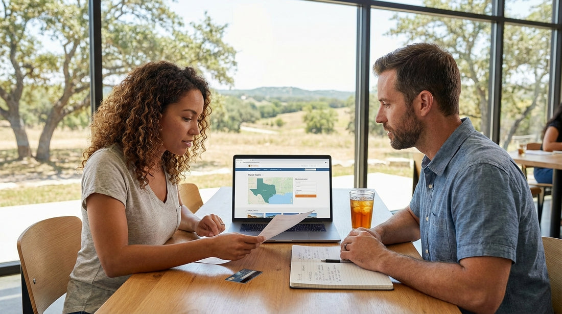 A sedan car hire drives down a long, empty highway in the Texas hill country during a golden sunset
