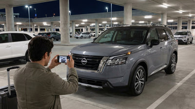 A modern car in a dimly lit car rental return garage at the Las Vegas airport at night
