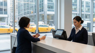 A person holds a credit card to complete their car hire paperwork at a counter in New York City