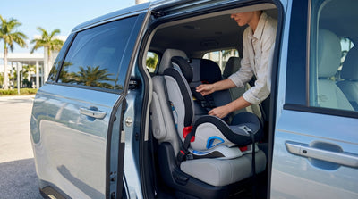A family with a small child standing by their white SUV car hire under palm trees in sunny Florida