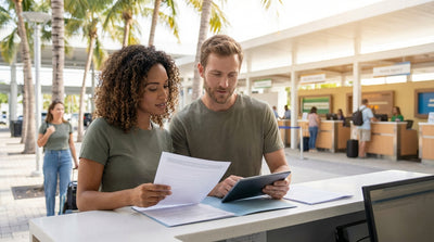 A sleek white car rental parked under a tall palm tree on a bright, sunny street in Miami