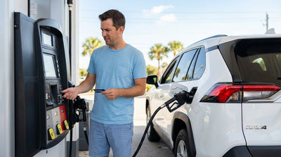 A driver refueling their car rental at a self-service gas station pump in Florida