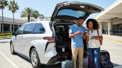 A blue convertible car hire drives down a scenic, winding desert highway in the United States