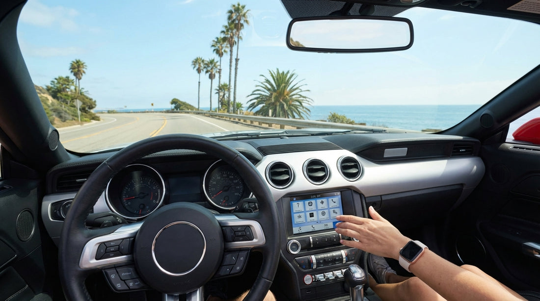 A person adjusts the rearview mirror of their car rental on a sunny, palm-tree-lined street in California