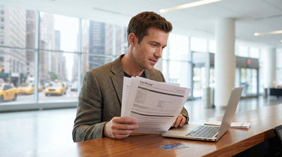 A silver car rental driving through the busy streets of Times Square, New York City, at dusk