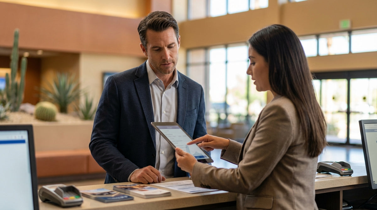 A convertible car rental cruises down the Las Vegas Strip illuminated by neon lights