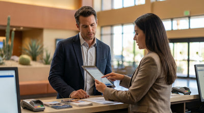 A convertible car rental cruises down the Las Vegas Strip illuminated by neon lights