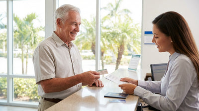 A senior couple enjoys their car hire, driving a convertible down a palm-lined coastal road in Florida