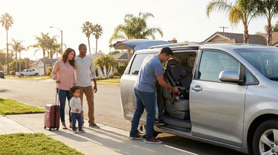 A young family loads a child seat into their car hire SUV under sunny California palm trees