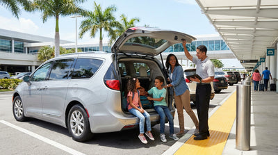 A driver filling the tank of a modern car rental at a sunny gas station in Orlando