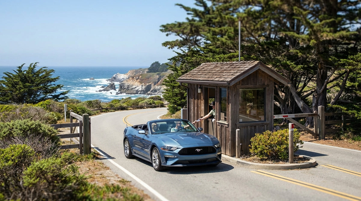 A car hire driving the scenic coastal road of 17-Mile Drive in California with ocean views