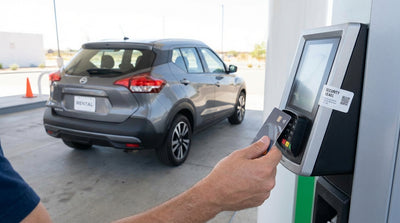 A person's hand using a credit card at a gas pump to pay for fuel for their car hire in the United Estates