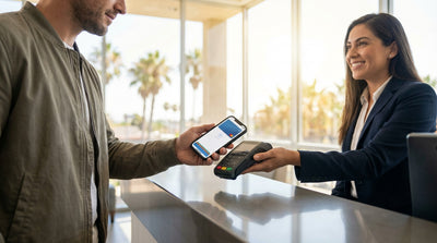 A person uses their phone to pay for a car hire at a rental counter in Los Angeles