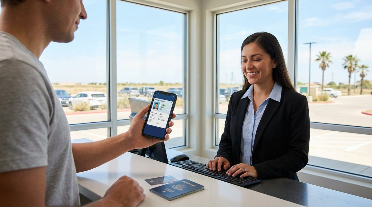 A red convertible for car hire parked by a desert road under a big Texas sky