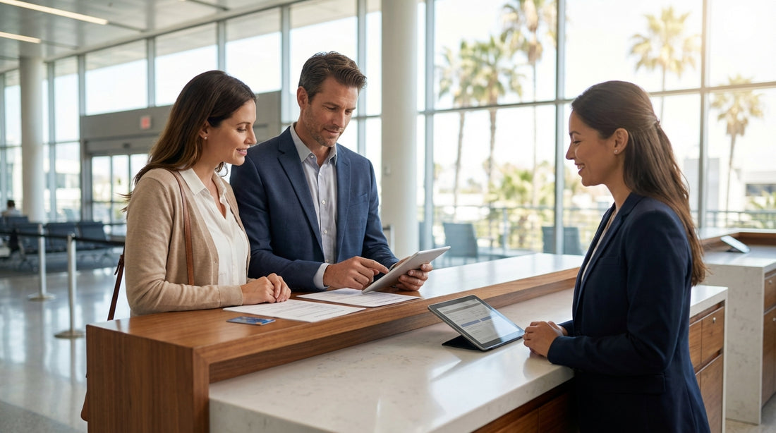 A line of cars at a car hire agency at a sunny airport in Southern California
