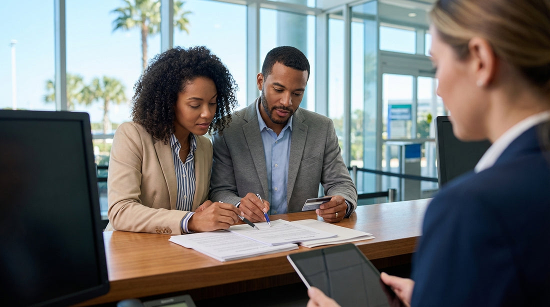 A modern SUV car rental parked under a sunny, palm-lined street in Orlando
