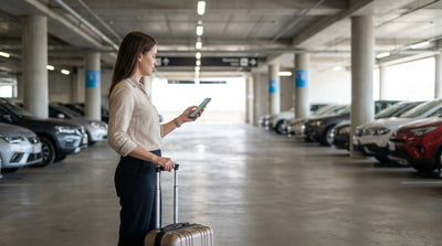 A traveler with a suitcase follows signs to the car hire pickup area in a large Los Angeles garage