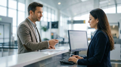 A customer at a California airport counter hands their license to an agent for a car hire