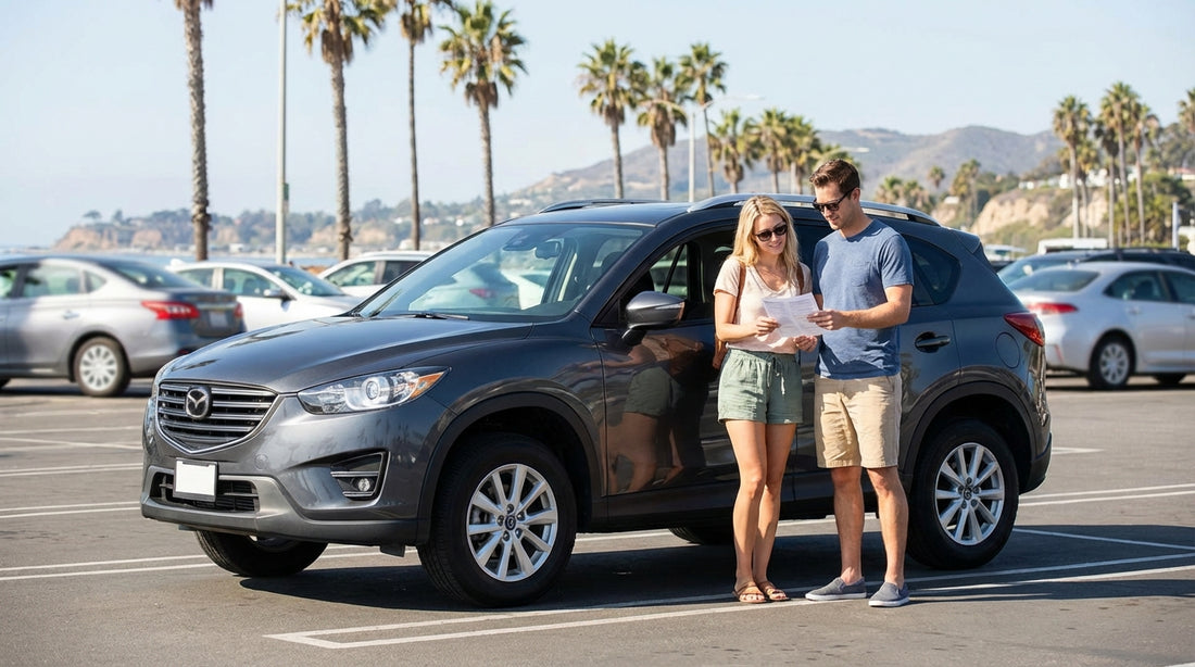A large SUV car hire parked on a scenic overlook with a view of the mountains and valleys in California