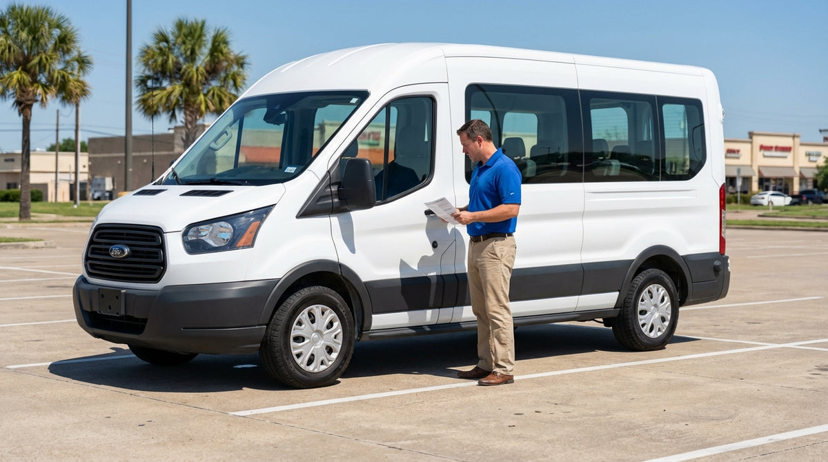 A white 15-passenger car rental van parked on a sunny street in a Texas neighborhood