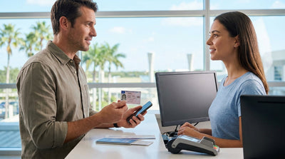 A red convertible car hire driving along a sunny coastal road lined with palm trees in Florida