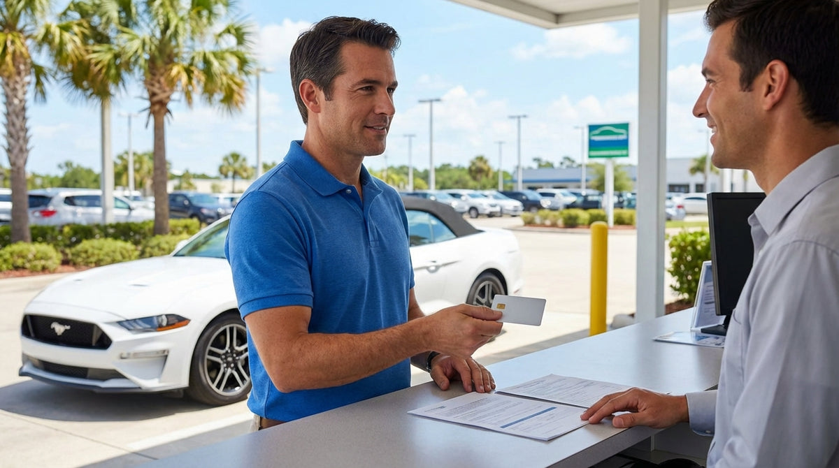 A person's hand holding car keys and a credit card in front of a new car hire at a Florida airport