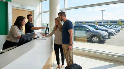 An agent at a car hire desk in the United States hands a set of car keys to a smiling customer