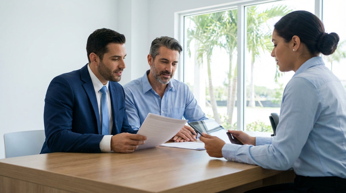 A modern car rental driving on a sunny, palm-lined coastal highway in Florida