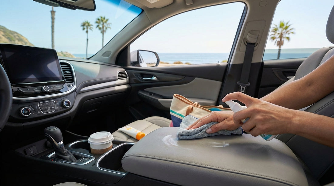 A person carefully cleans the leather seats of their California car hire with a soft microfiber cloth