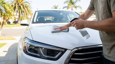 A silver car hire parked under a large, leafy tree on a sunny day in California