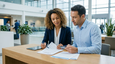 A modern car hire driving on a scenic desert highway through Monument Valley on a sunny day