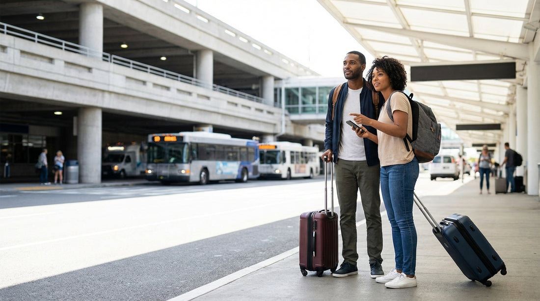 A row of car hire shuttle buses lined up for passengers at the San Francisco Airport terminal