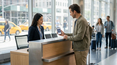 A sleek car rental driving alongside yellow cabs on a busy street in New York City