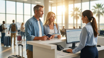 A convertible from a car hire driving down a long, empty highway through the Texas desert at sunset