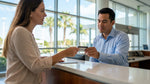 Close-up of a traveler showing a passport card at a car hire desk in Florida