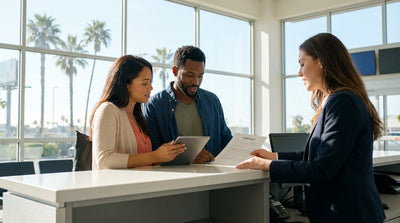 A red convertible car hire drives along a scenic coastal highway with ocean views in California