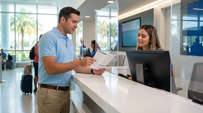 A row of convertibles ready for car hire at a sunny Miami airport rental lot with palm trees