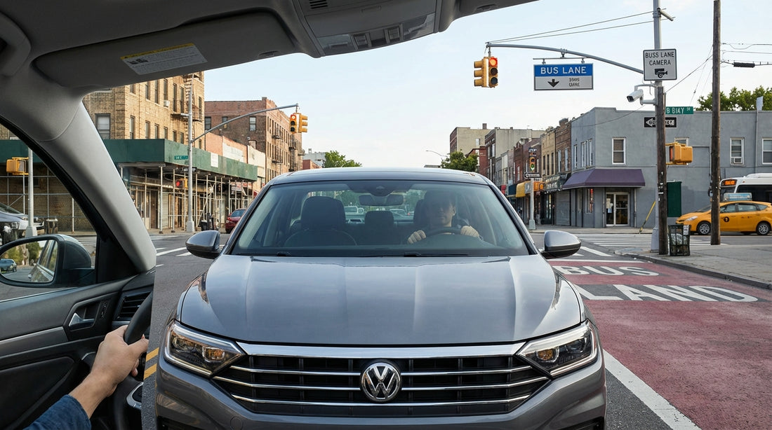 A car hire vehicle driving on a busy street in Queens, New York next to a dedicated red bus lane