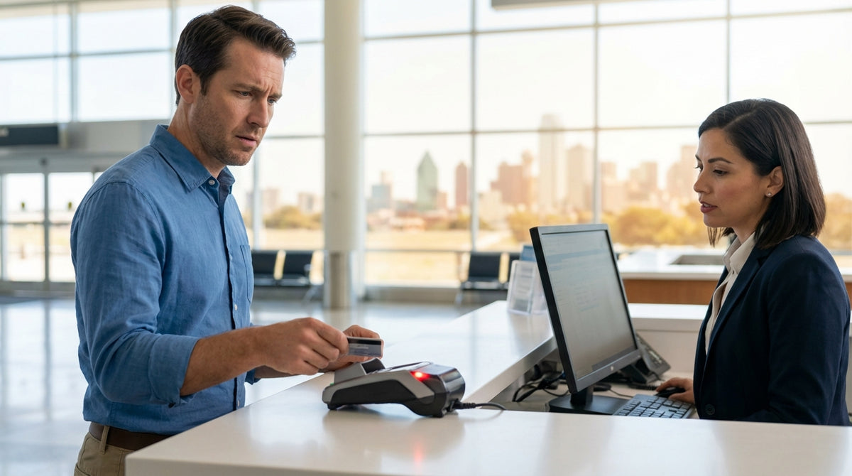 A person hands their credit card to an agent at a car hire counter in a Texas airport