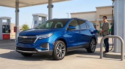 A worried driver stands by their car hire at a gas station pump on a sunny day in Texas