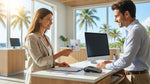 Close up of a person handing an ID card to an agent at a car rental desk in Florida