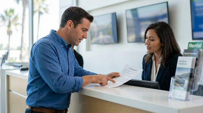 A couple drives their convertible car hire down a sunny, winding coastal highway in California