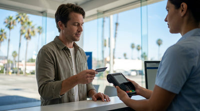 A convertible car hire driving down a sunny, palm-tree-lined street in Los Angeles